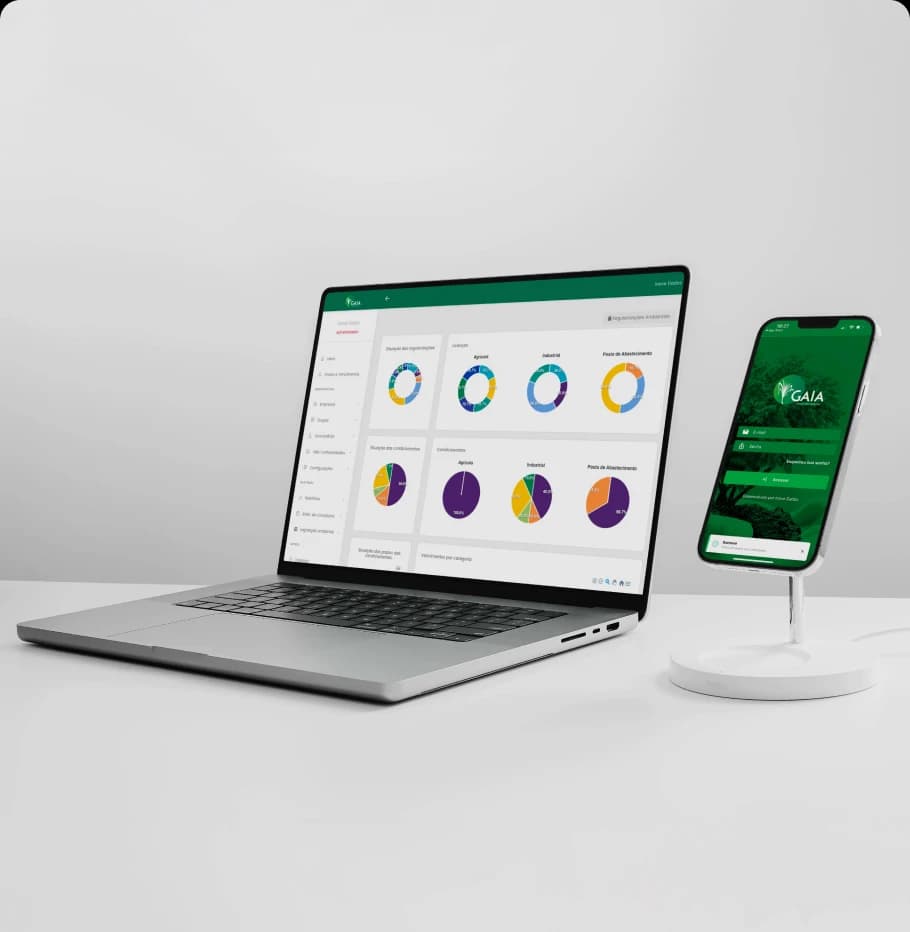 Notebook e celular com o SIGA – sistema de gestão ambiental desenvolvido pela Inove Dados
