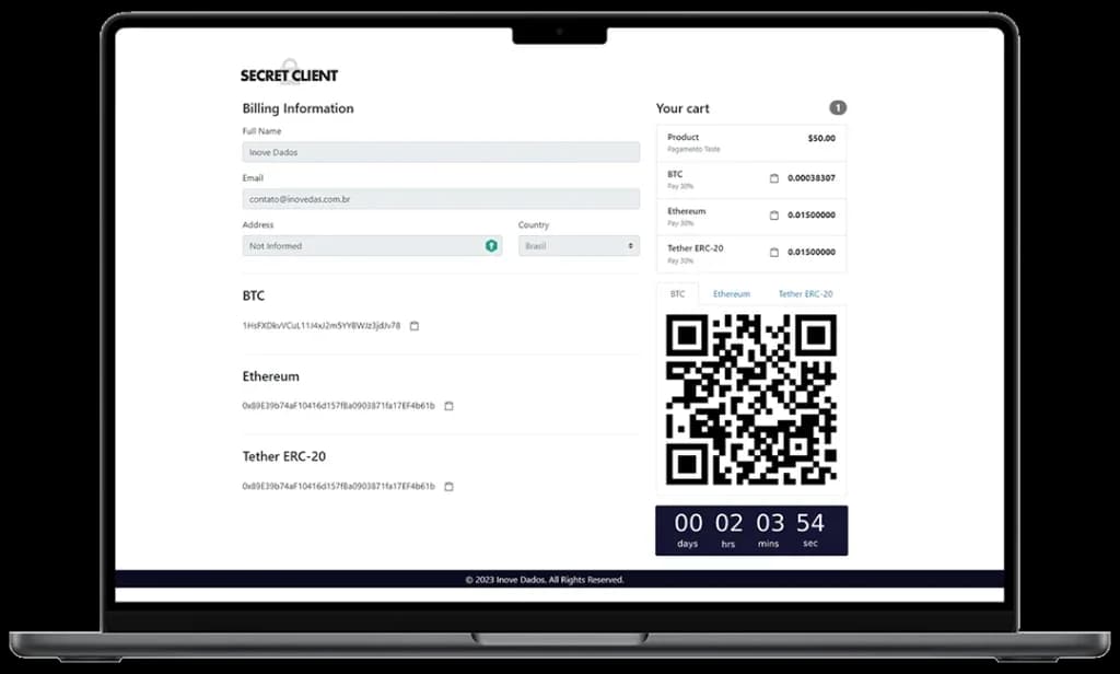 Tela de checkout do gateway, desenvolvimento blockchain de gateway de pagamentos pela Inove Dados