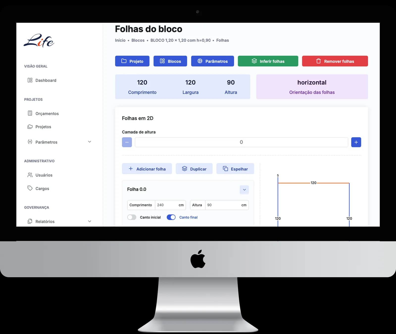 Sistema Life Forma em desktop: divisão de blocos em chapas e documentação de produção, desenvolvido pela Inove Dados