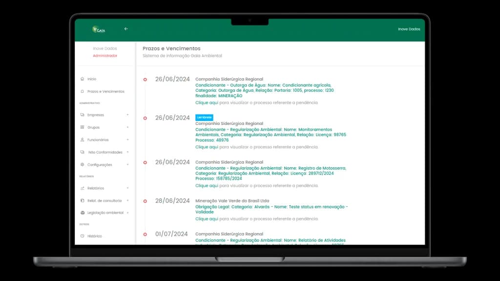 Tela de prazos do sistema de gestão ambiental SIGA: controle de licenças ambientais e condicionantes com alertas automáticos por empreendimento
