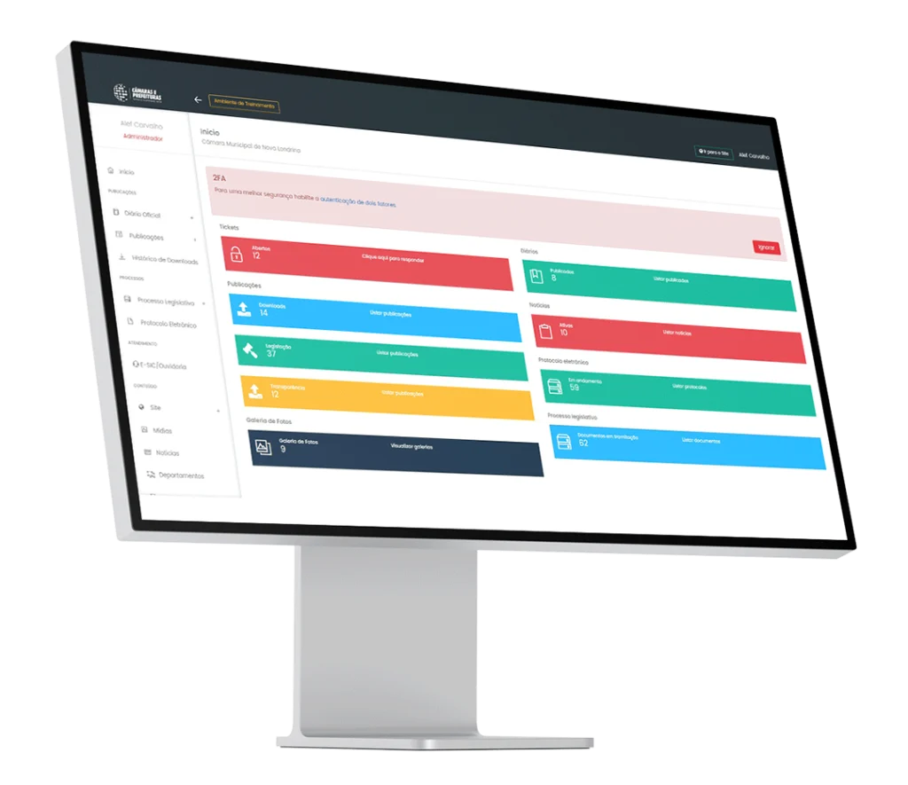 Dashboard do sistema para prefeituras e câmaras de vereadores